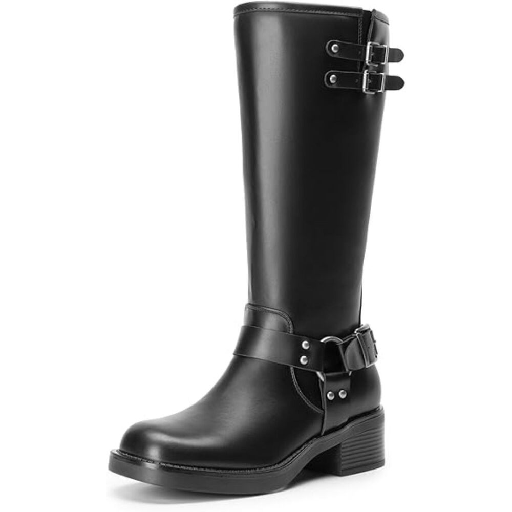 Women's Black Pu Knee High Combat Boot Square Toe Buckle Low Heel Chunky Booties